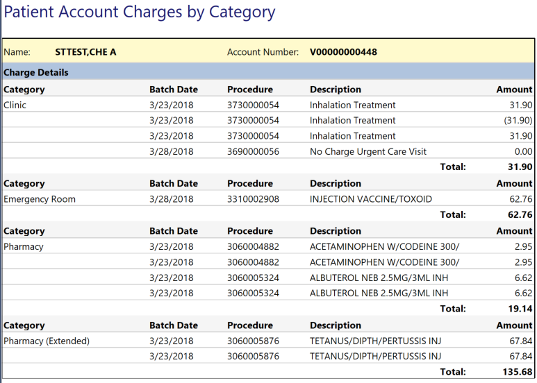 patient account charges by category